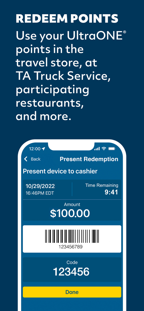Screenshot of TruckSmart app showing UltraONE points redemption screen with a barcode and numerical code
