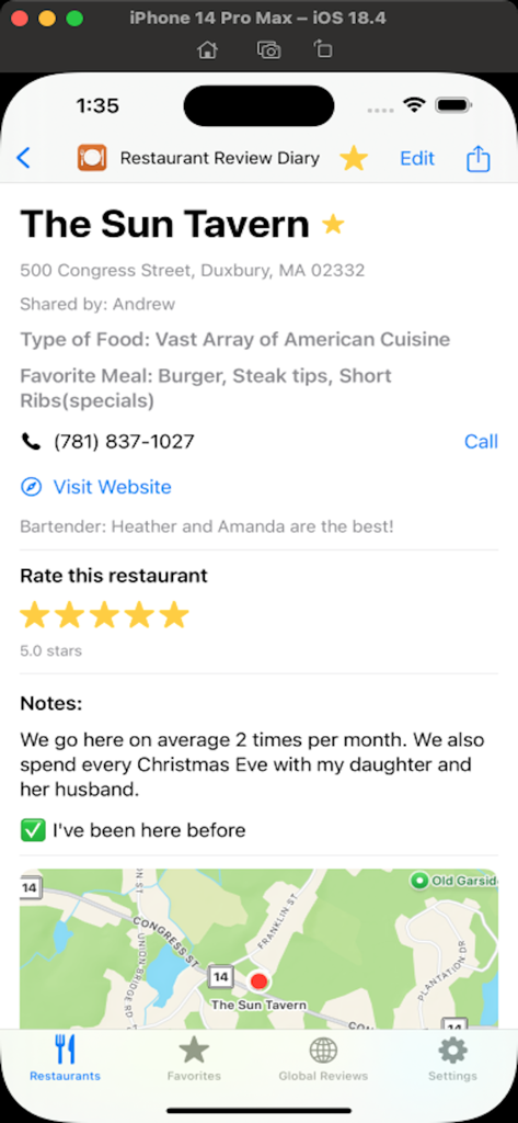 Restaurant Review Diary - A detailed restaurant review page showing ratings notes favorite meals and a map location for The Sun Tavern