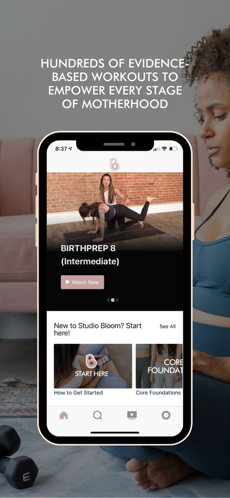 A smartphone showing the Studio Bloom app interface with a featured birth preparation workout and introductory fitness programs for mothers