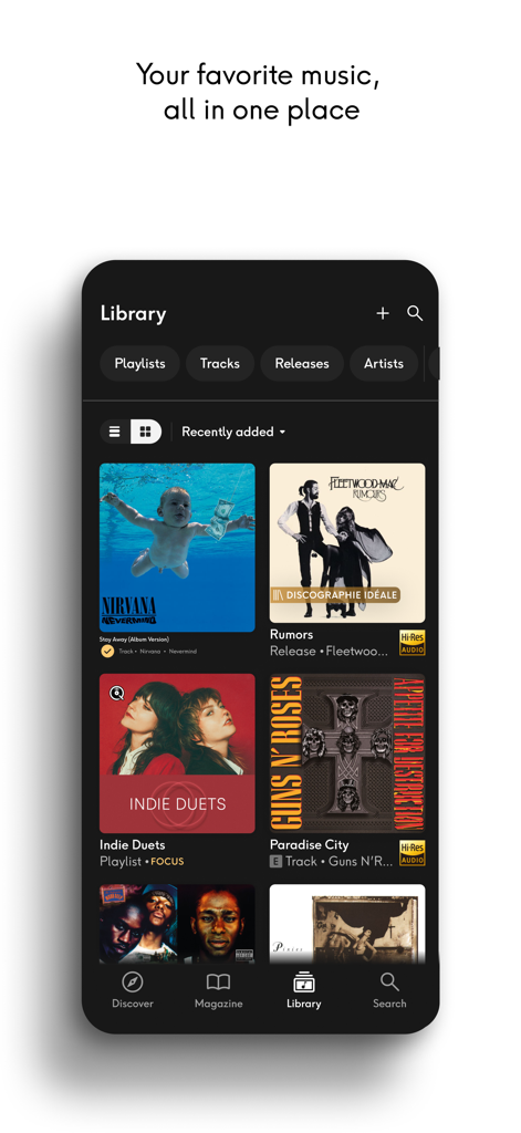 Qobuz: Music & Editorial - La pantalla de la biblioteca de la aplicación Qobuz muestra álbumes de alta resolución y listas de reproducción seleccionadas.