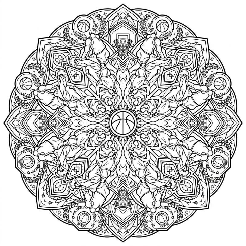 Experience the thrilling energy of NBA power forwards merged with the calming symmetry of a mandala in this unique coloring page. It's a perfect fusion for sports enthusiasts and those seeking a dynamic yet intricate artistic challenge.