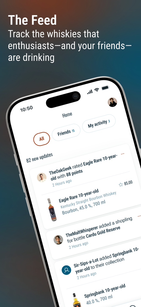 Whiskybase: Everything Whisky - Feed de actividad social de la aplicación Whiskybase mostrando calificaciones de la comunidad y actualizaciones de la colección