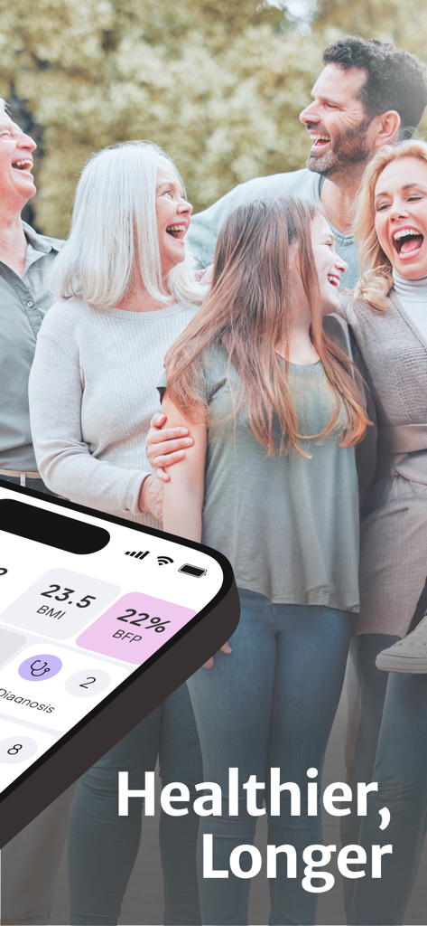 Lify: health manager, my chart - A multi-generational family laughing together with an overlaid smartphone screen showing health metrics like BMI and body fat percentage