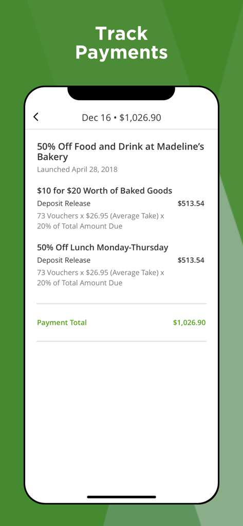 Groupon Merchant - Groupon Merchant app screen showing detailed payment tracking and campaign revenue for a business owner