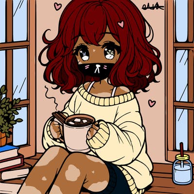 cute anime girl reading book and drinking hot chocolate from mug with loose wavy hair wearing a baggy sweatshirt and shorts sitting by windowsill looking out