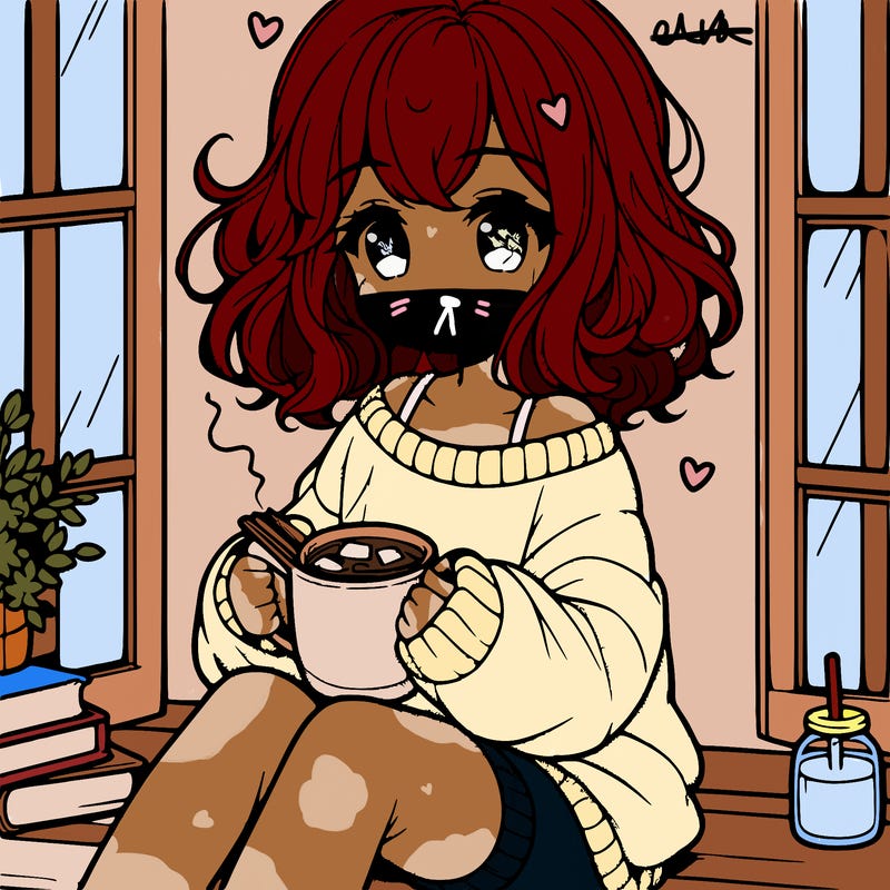 cute anime girl reading book and drinking hot chocolate from mug with loose wavy hair wearing a baggy sweatshirt and shorts sitting by windowsill looking out