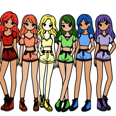 a group of girls wearing crop tops and shorts