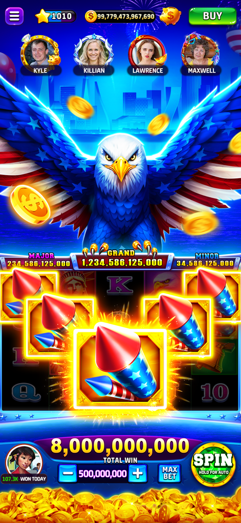 Cash Club Casino - Vegas Slots - Pantalla del juego móvil Cash Club Casino mostrando una temática patriótica de águila con un enorme jackpot de ocho mil millones de monedas