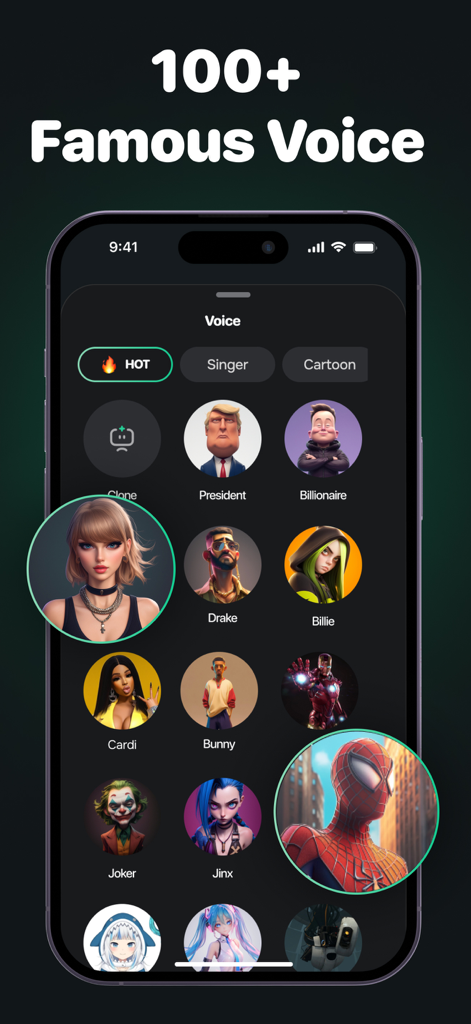 Interfaz de la aplicación Voice Box que muestra una colección de más de 100 efectos de voz IA famosos.