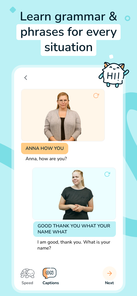ASL Bloom app interface showing a sign language lesson for grammar and conversational phrases with video demonstrations and captions.