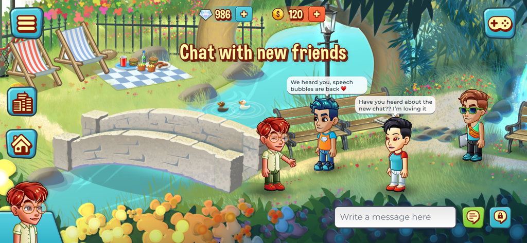 Avatare interagieren in einem virtuellen Garten-Chatroom in der Friendbase-App
