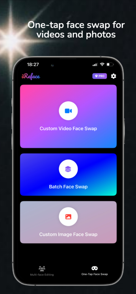 iReface – AI Face Swap Maker - iReface app home screen showing options for custom video and image face swapping