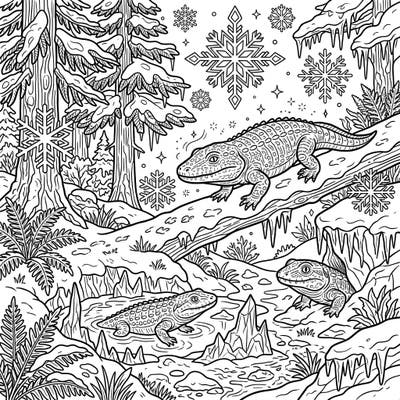 Explore a mesmerizing prehistoric scene where ancient amphibians brave a chilly winter wonderland. This unique coloring page invites you to bring life to a frosty forest filled with fascinating creatures and intricate snowflakes.