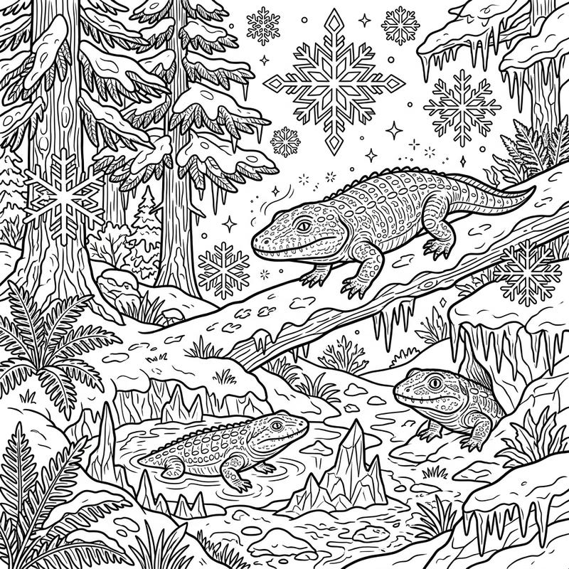 Explore a mesmerizing prehistoric scene where ancient amphibians brave a chilly winter wonderland. This unique coloring page invites you to bring life to a frosty forest filled with fascinating creatures and intricate snowflakes.