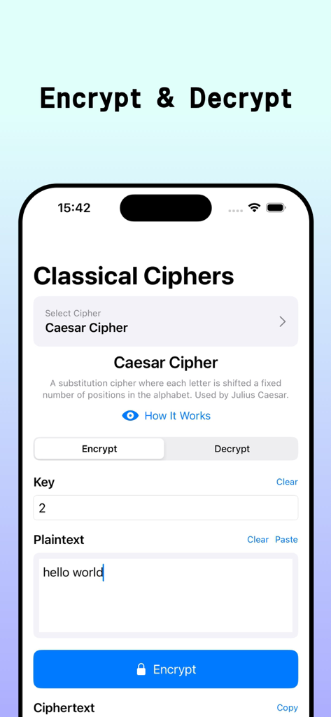 Classical Ciphers - Classical Ciphers app screen showing Caesar cipher encryption interface.