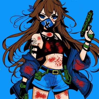 bad girl wearing crop top holding a gun long hair anime
