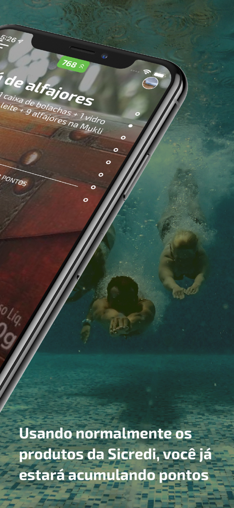 Juntos – Programa Fidelidade - Pantalla móvil de la aplicación de fidelidad Juntos mostrando recompensas en puntos y saldo.