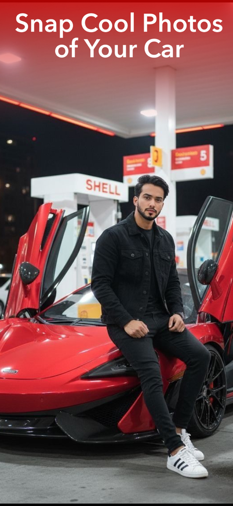 Car Modification AI - Carpeak - Un hombre posando con un coche deportivo rojo en una gasolinera por la noche usando la aplicación Carpeak