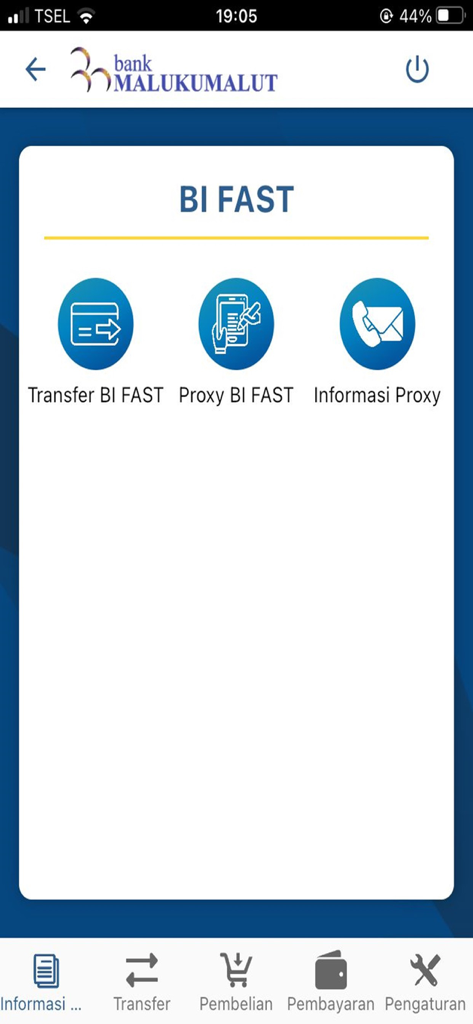 Bank Maluku Malut Mobile - Pantalla del menú BI FAST de la aplicación Bank Maluku Malut Mobile mostrando opciones de transferencia y proxy