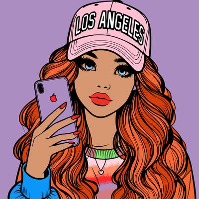realistic beautiful girl wearing los ángeles cap holding an iphone