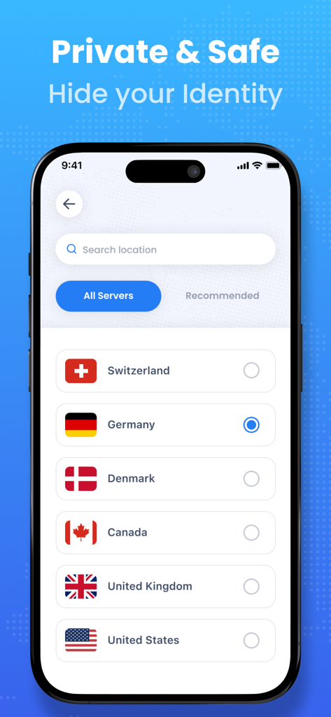 VPN Super Proxy 앱 인터페이스에 개인 및 안전한 브라우징을 위한 글로벌 서버 위치 표시