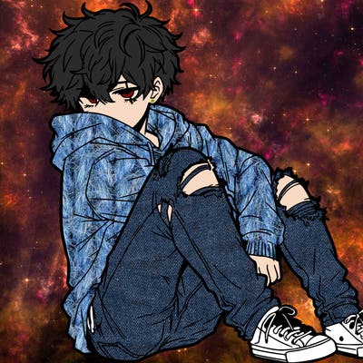 a male hoddie ripped jeans messy hair anime