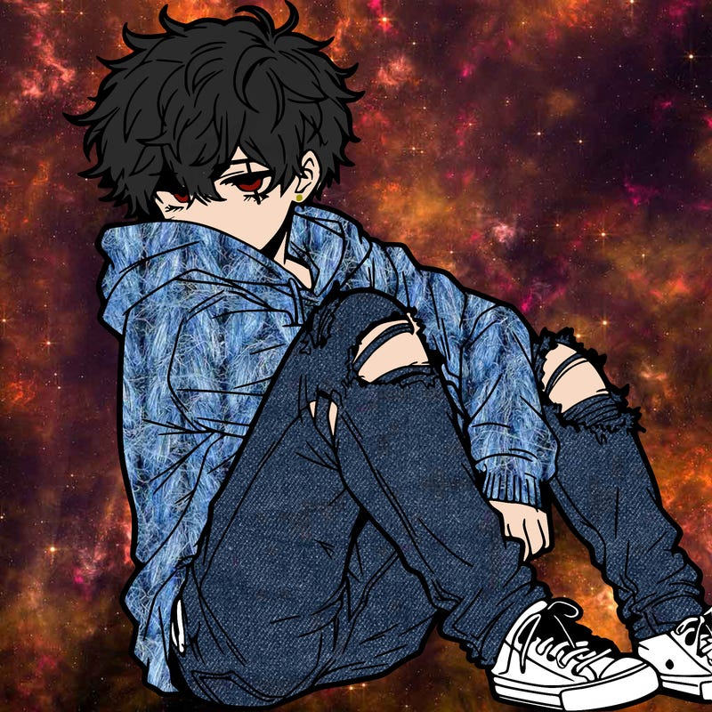a male hoddie ripped jeans messy hair anime