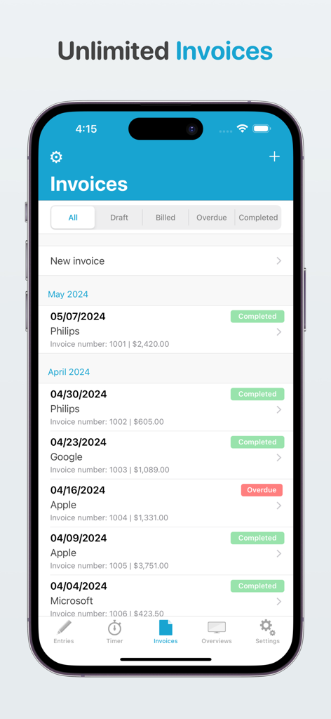 Freelance bookkeeping - Interfaz de la aplicación Contabilidad freelance que muestra una lista de facturas ilimitadas con estado y detalles del cliente en un iPhone.