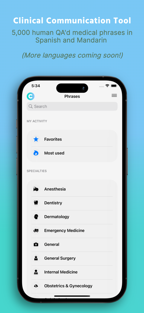 CanopySpeak Premium - CanopySpeak Premium app interface showing a list of medical specialties for clinical communication phrases.