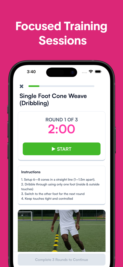 Footwork: Train Soccer Better - A screen from the Footwork app showing a single foot cone weave dribbling drill with a timer and instructions.