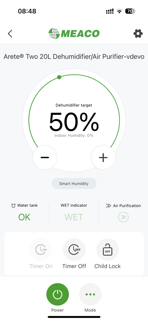 Meaco - Meaco app interface showing remote control settings for a smart dehumidifier and air purifier