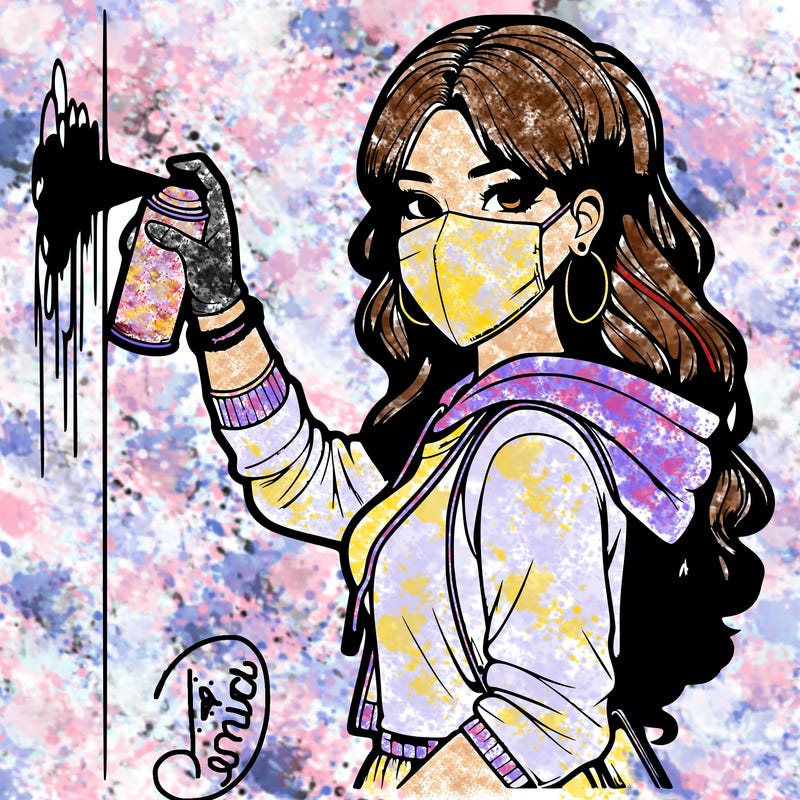 realistic girl with mask spray painting a wall