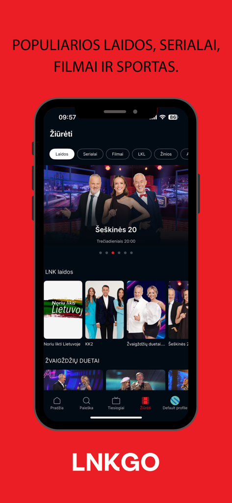 LNK GO mobile app interface featuring popular Lithuanian shows and series