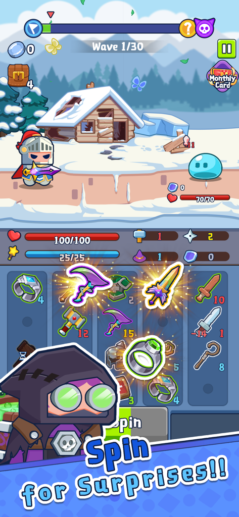 A knight hero battles a slime monster in Spin Go Lucky Hero featuring a strategic spin mechanic for acquiring equipment.