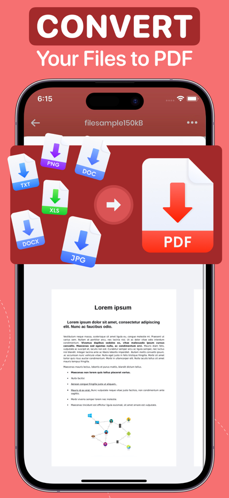 PDF Editor : Document Reader - Mobile app screen showing the conversion of PNG DOC TXT XLS and JPG files into a PDF document