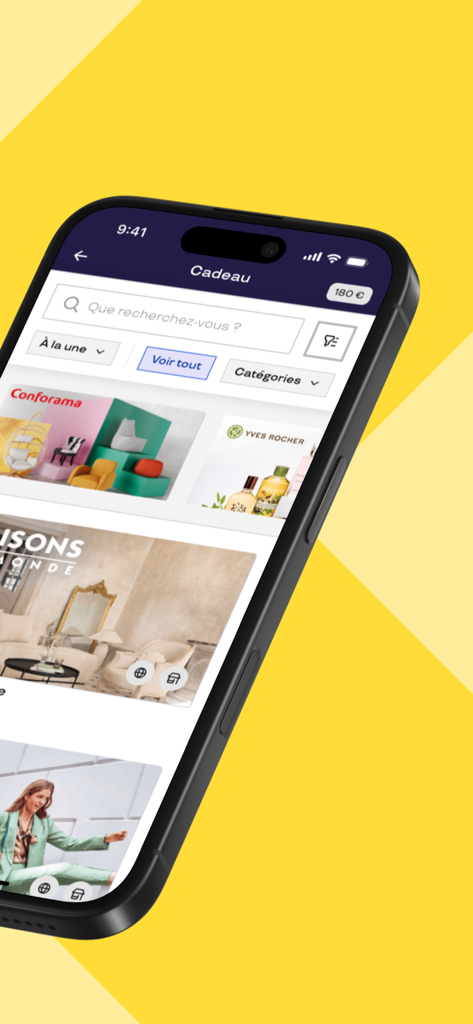 Pluxee Cadeaux mobile app interface showing various retail partner vouchers on a smartphone