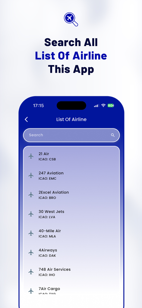 Flight Tracker - Radar - Un elenco ricercabile di compagnie aeree globali con i loro nomi e codici ICAO all'interno dell'app Flight Tracker
