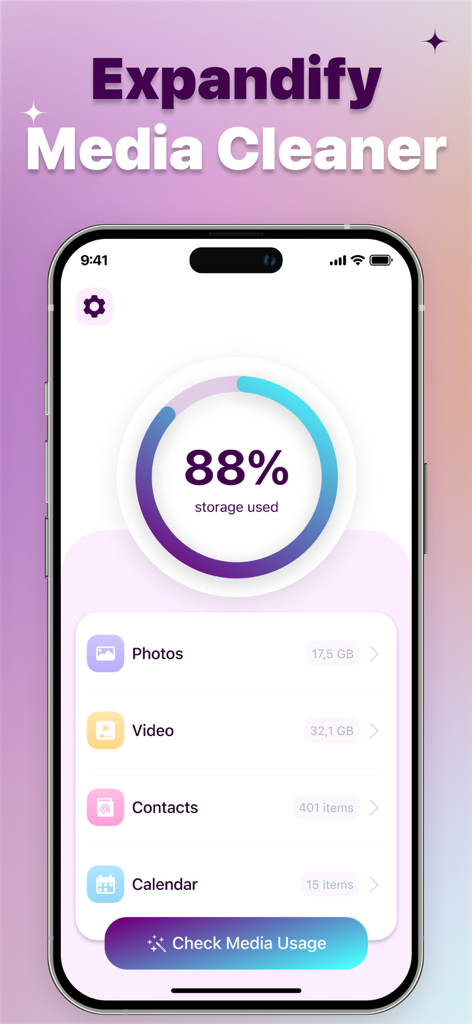 Dashboard of Expandify media cleaner app displaying 88 percent storage used on an iPhone.
