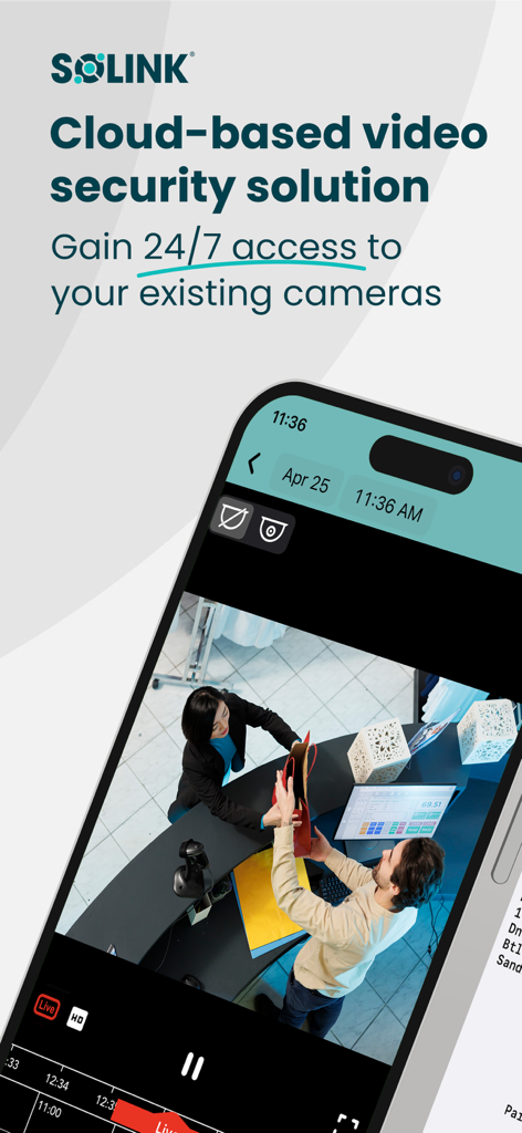 A smartphone displaying the Solink app interface with a live video feed of a retail counter transaction