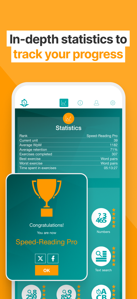 Reading Trainer - Tableau de bord des statistiques de l'application Reading Trainer montrant la vitesse de lecture et les réalisations de progression
