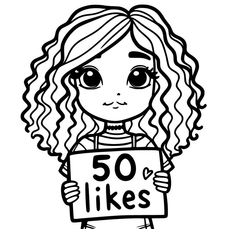 a girl with curly hair holding a sign saying 50 likes with a straight look on her face