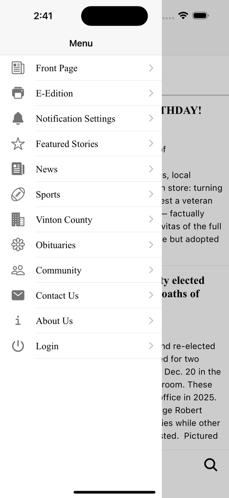 Navigation menu for The Telegram local news app showing sections for sports obituaries and community news
