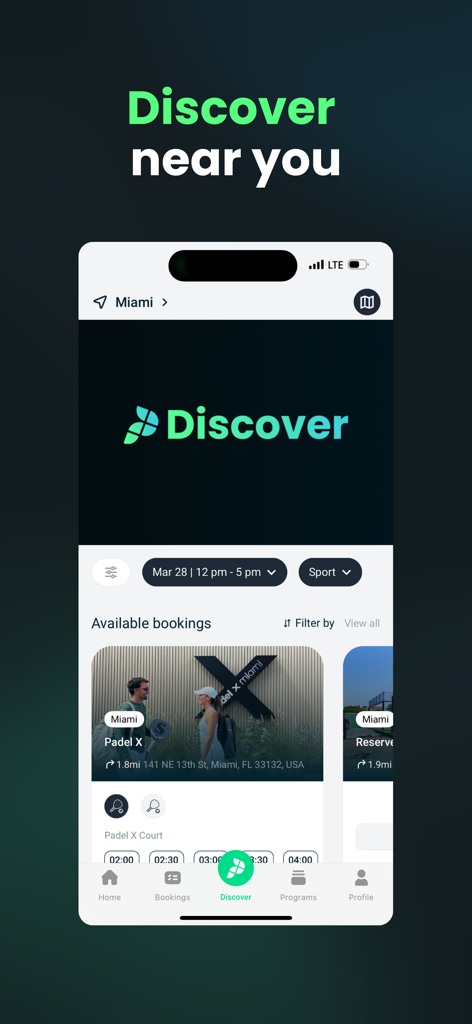 Playbypoint app interface showing available racquet sport bookings in Miami