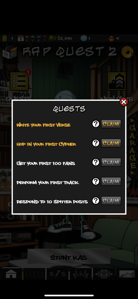 A screenshot of the Quests menu in Rap Quest 2 showing career goals for an aspiring rapper