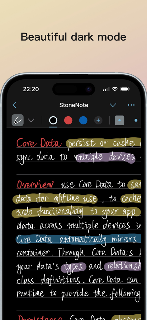 StoneNote - Video Study Note - StoneNote app interface showcasing dark mode with handwritten study notes and colorful highlighter marks.