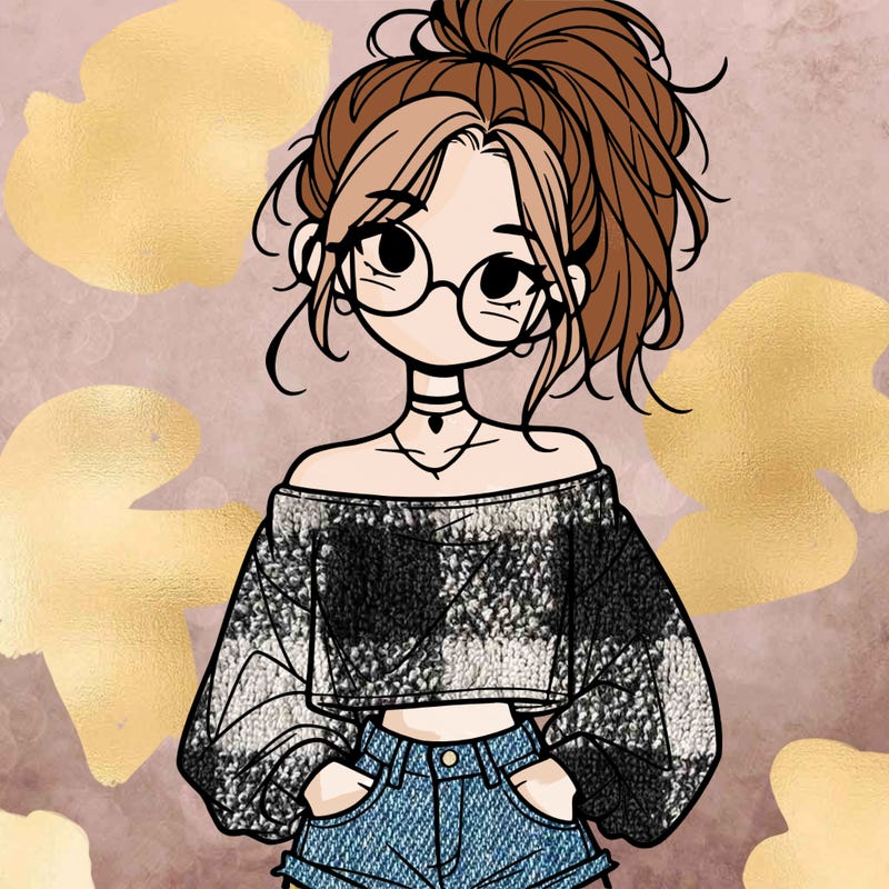 girl with a messy ponytail glasses a baggy crop top and jean shorts