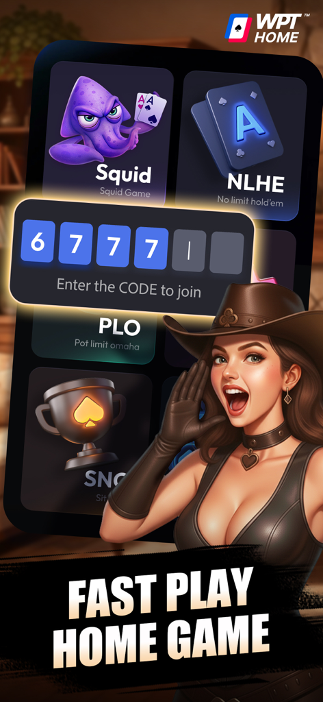 WPT HOME - Holdem game - WPT HOME mobile app screenshot showing various poker game modes and an invitation code entry screen