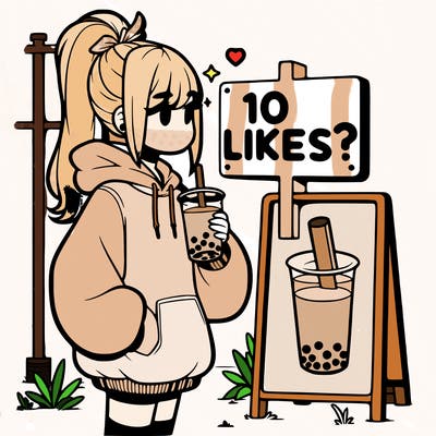 girl with oversized hoodie drinking boba and she has a high ponytail with a sign that says 10likes?