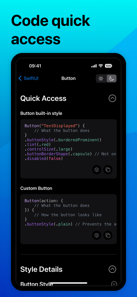 Swifter for SwiftUI app screen showing quick access to button code snippets