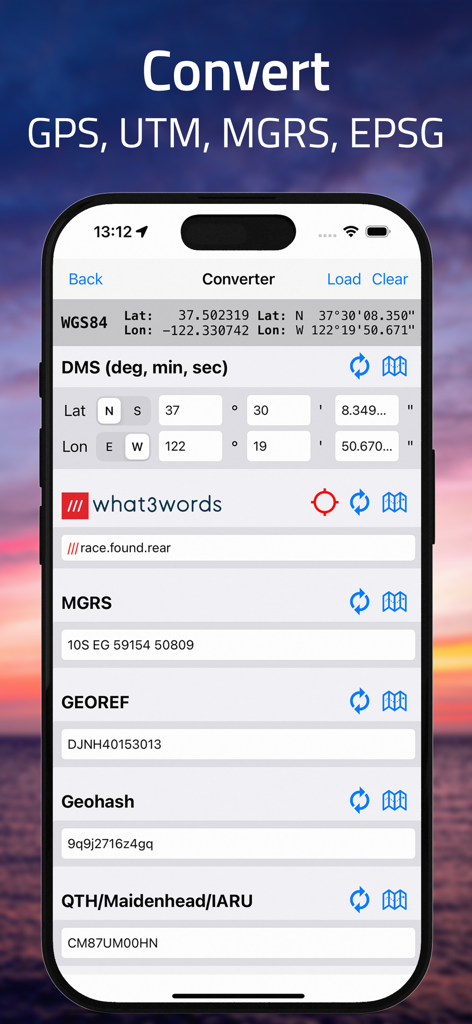 Coordinates – GPS Converter - iPhone screen showing coordinate conversion between DMS MGRS and what3words formats